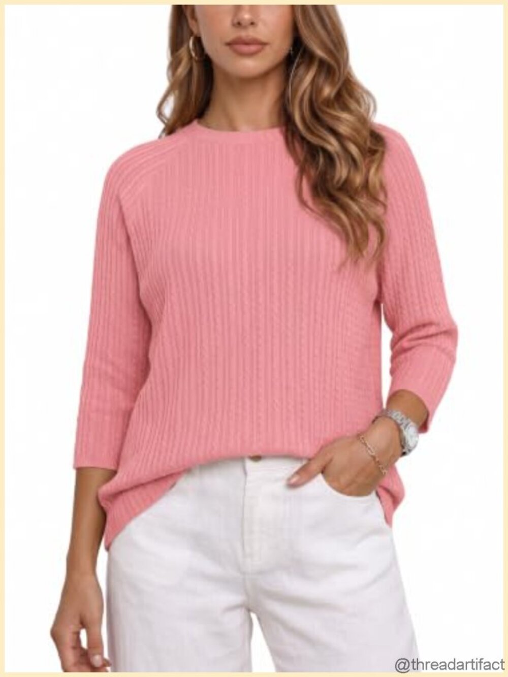 Women's Lightweight 3/4 Sleeve Pullover Sweater Crew Neck